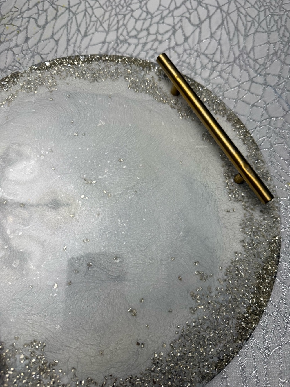 Round Silver Glitter Resin Serving Tray with Brass Handles - Picture 5 of 11